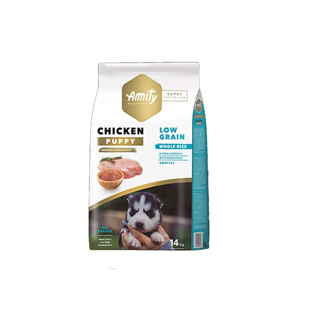 Bag of Amity Chicken Puppy dog food on a white background
