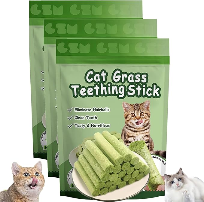 Packaging of Cat Grass Teething Sticks with images of cats and text on a white background