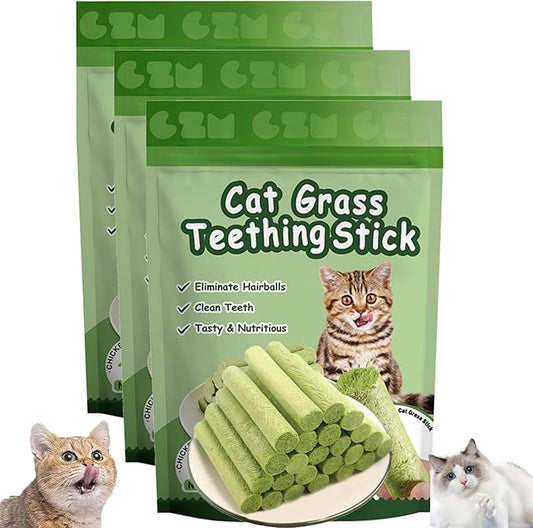 Packaging of Cat Grass Teething Sticks with images of cats and text on a white background