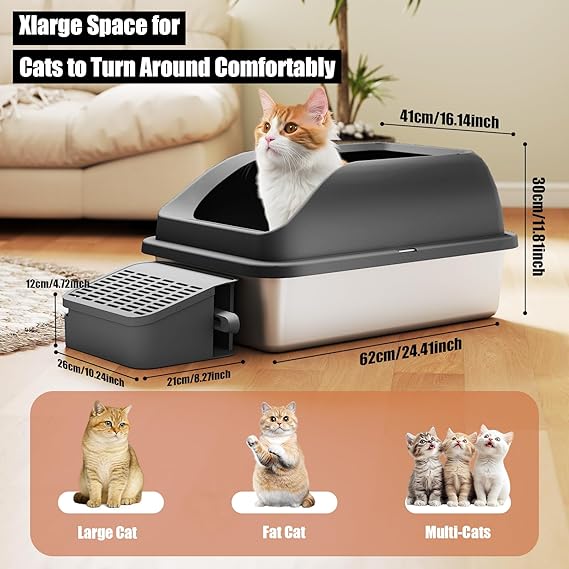 Semi-closed stainless steel litter box with step