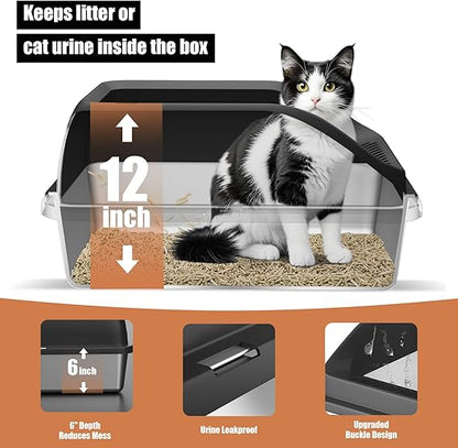 Cat standing inside a transparent litter box with text highlighting features.