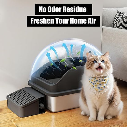 Semi-Closed Stainless Steel Cat Litter Box with Step