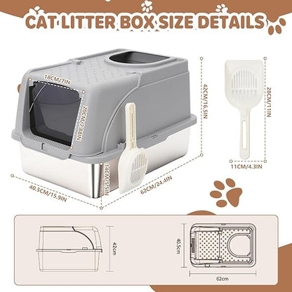 Fully Enclosed Stainless Steel Cat Litter Box with Lid