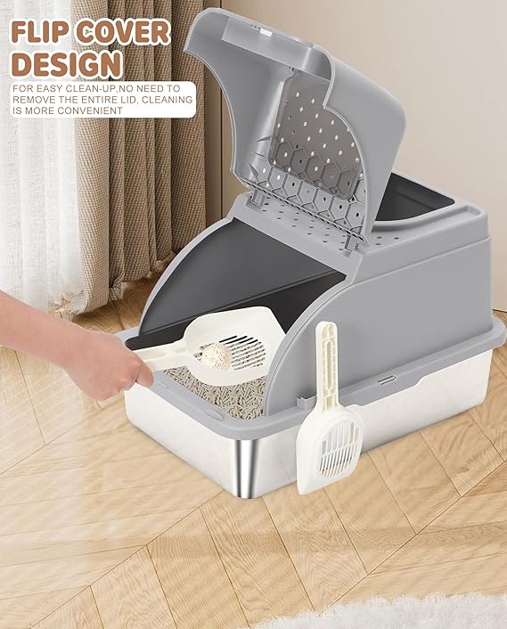 Fully Enclosed Stainless Steel Cat Litter Box with Lid