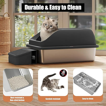 Semi-Closed Stainless Steel Cat Litter Box with Step