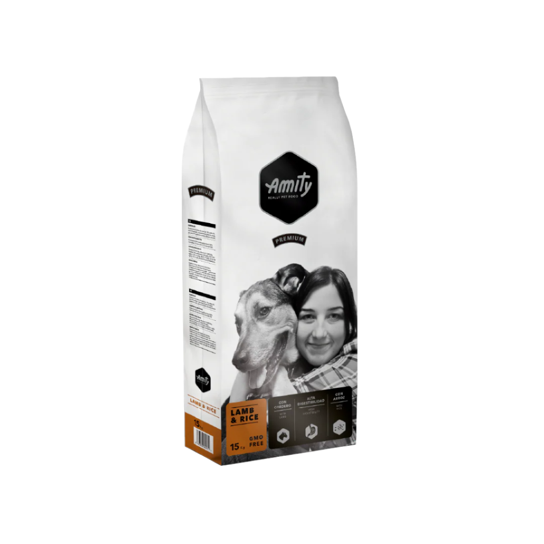 Amity pet food packaging with a person and dog on a white background