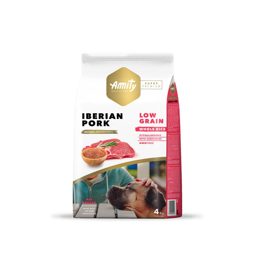 A package of Amity brand adult dog food with Iberian pork flavor, highlighting the low grain content and featuring an image of a dog.