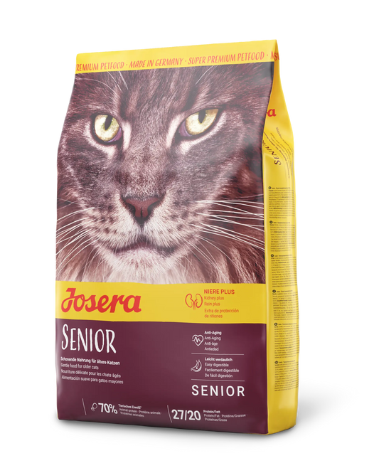 Josera Senior cat food packaging with a cat's face on the front.