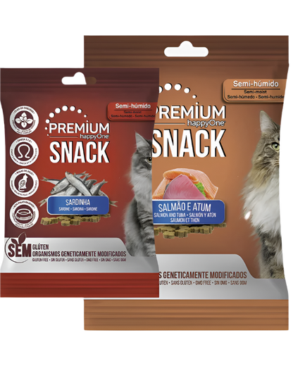 Two packages of 'Premium Snack' cat treats, one labeled with sardine and the other with salmon and tuna, both showing images of cats and product information.