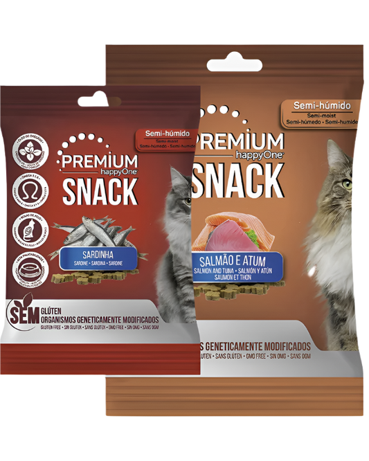Two packages of 'Premium Snack' cat treats, one labeled with sardine and the other with salmon and tuna, both showing images of cats and product information.