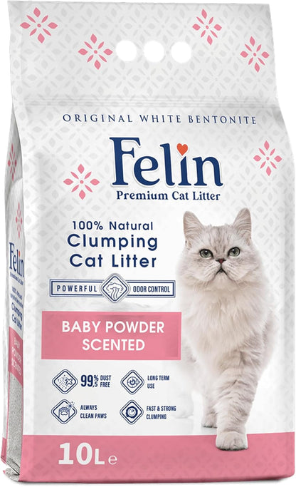 A package of Felin Premium Cat Litter, featuring a white bentonite clumping cat litter scented with baby powder. The package is colored primarily with a pink and white design, includes an image of a cat, and indicates the product is 100% natural and dust-free.