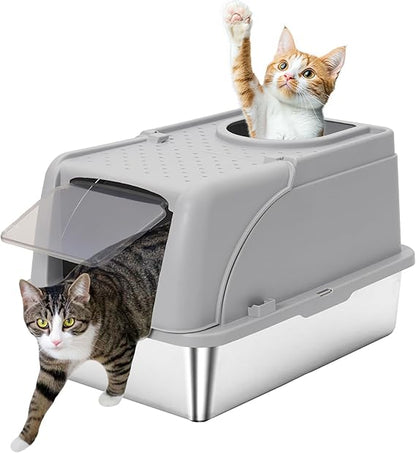 fully enclosed stainless steel cat litter box with lid