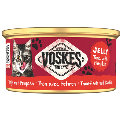 Voskes cat food can with red label and gold lid on a white background