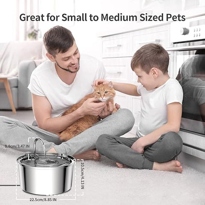 Man and child with a cat, featuring a pet water bowl with dimensions displayed.